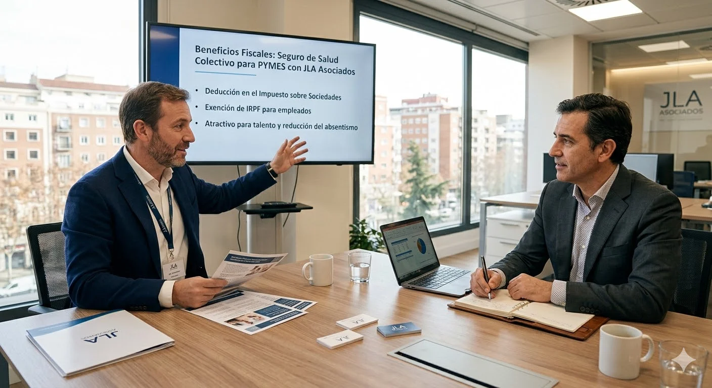 Asesor de JLA Asociados explicando a un empresario los beneficios fiscales del seguro de salud colectivo para pymes