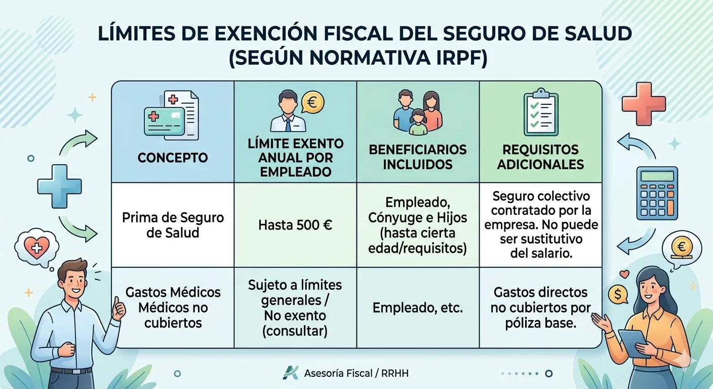 Tabla con los límites de exención fiscal del seguro de salud por empleado según la normativa del IRPF