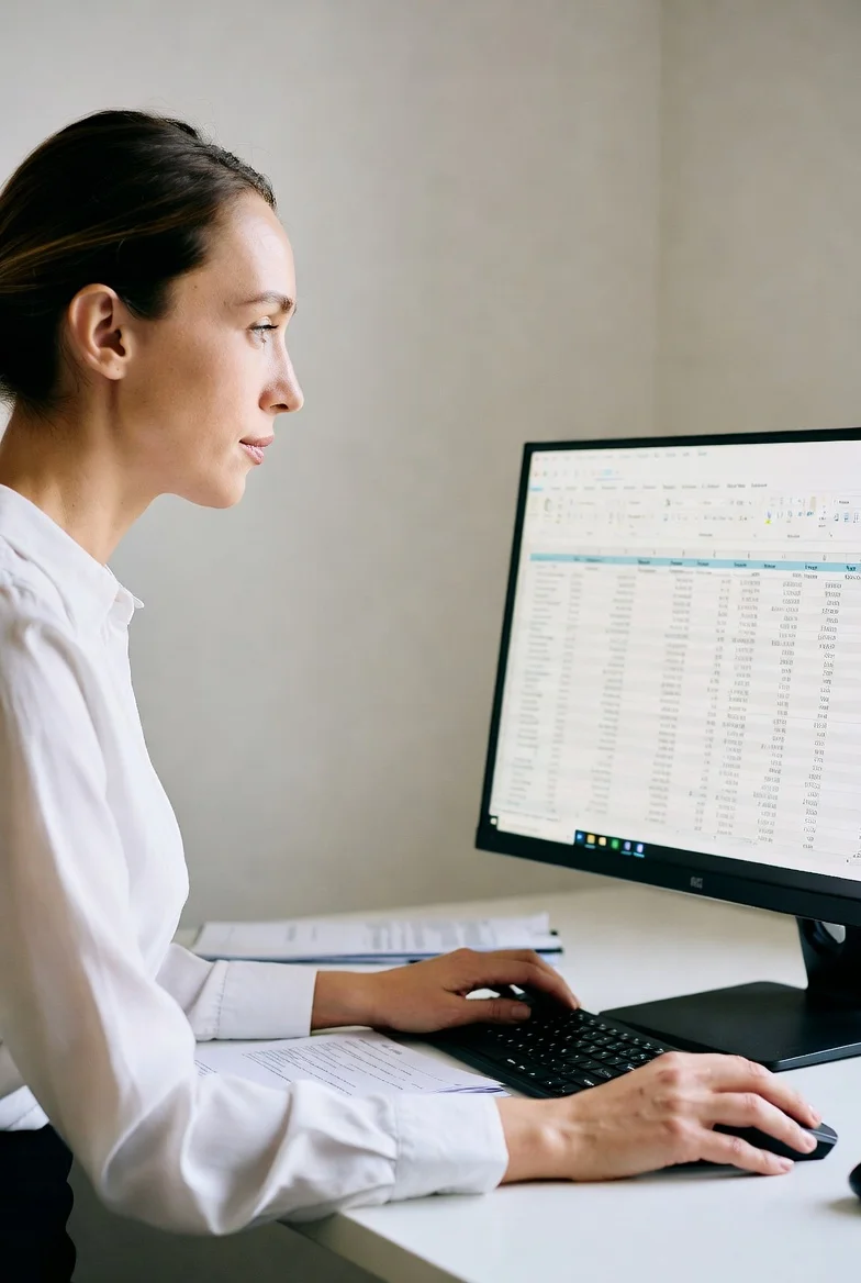 Empresaria revisando en su ordenador los beneficios fiscales del seguro de salud colectivo para su plantilla