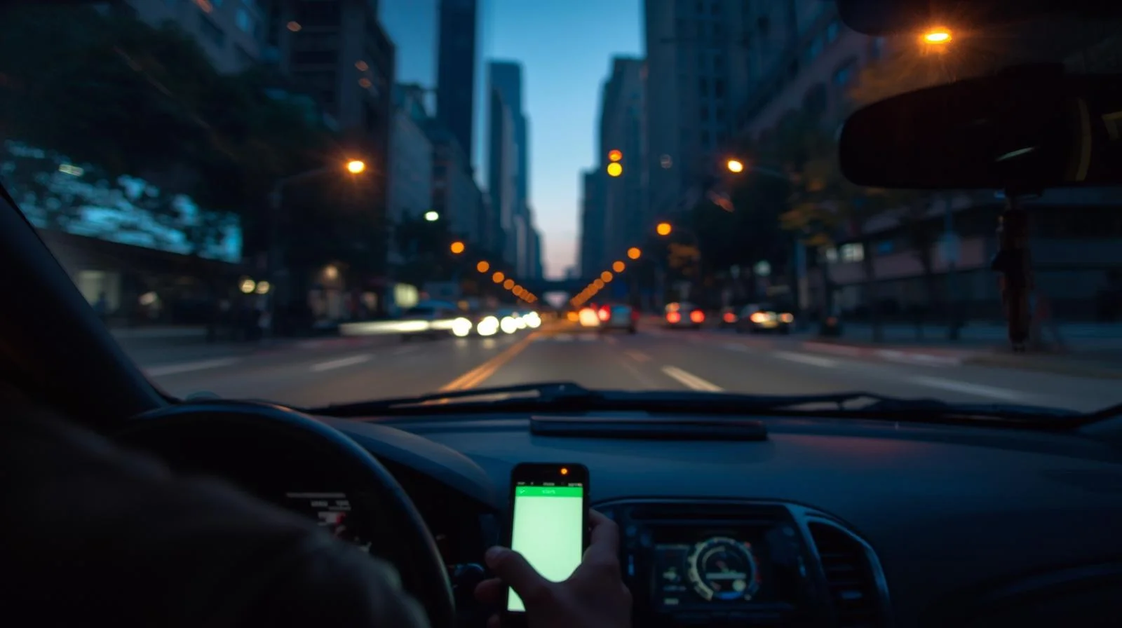 Conductor distraído mirando el móvil mientras conduce en ciudad