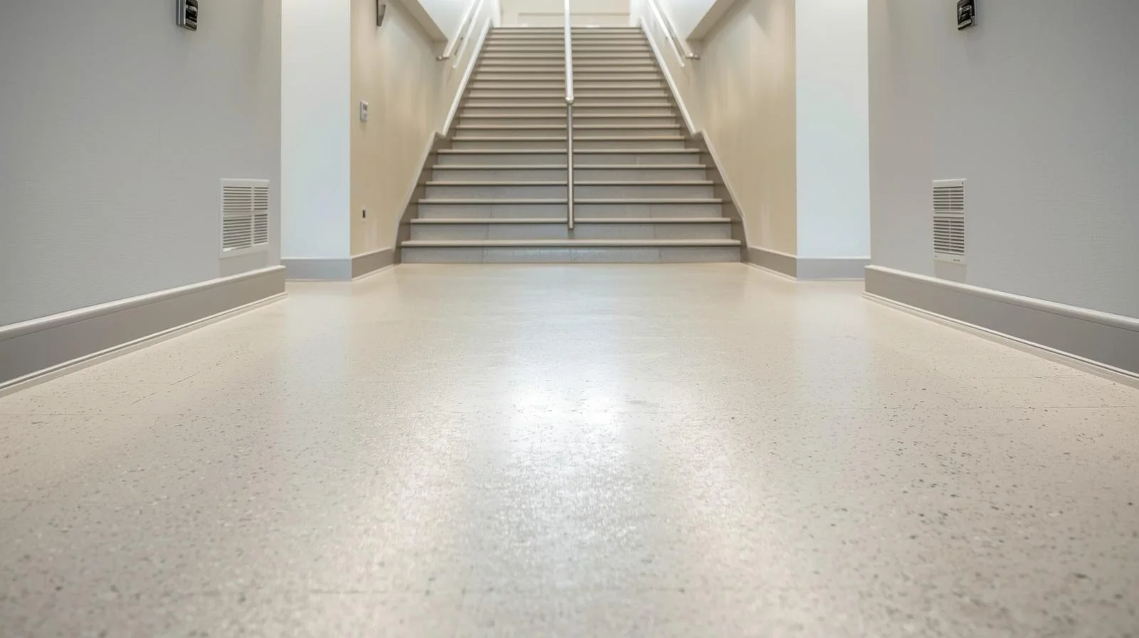 Escalera de comunidad con suelo renovado completamente tras aplicar cobertura de daños estéticos
