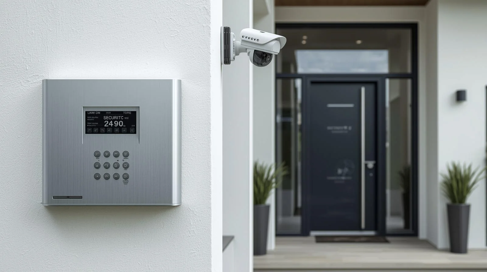 Casa moderna con sistema de alarma, cámara de seguridad y puerta blindada instalados