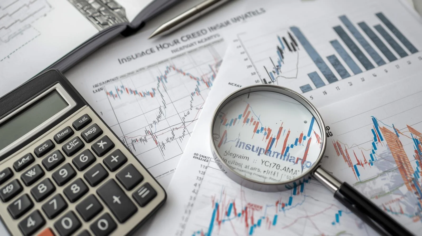 Calculadora, gráficos financieros y lupa analizando diferentes opciones de primas de seguro