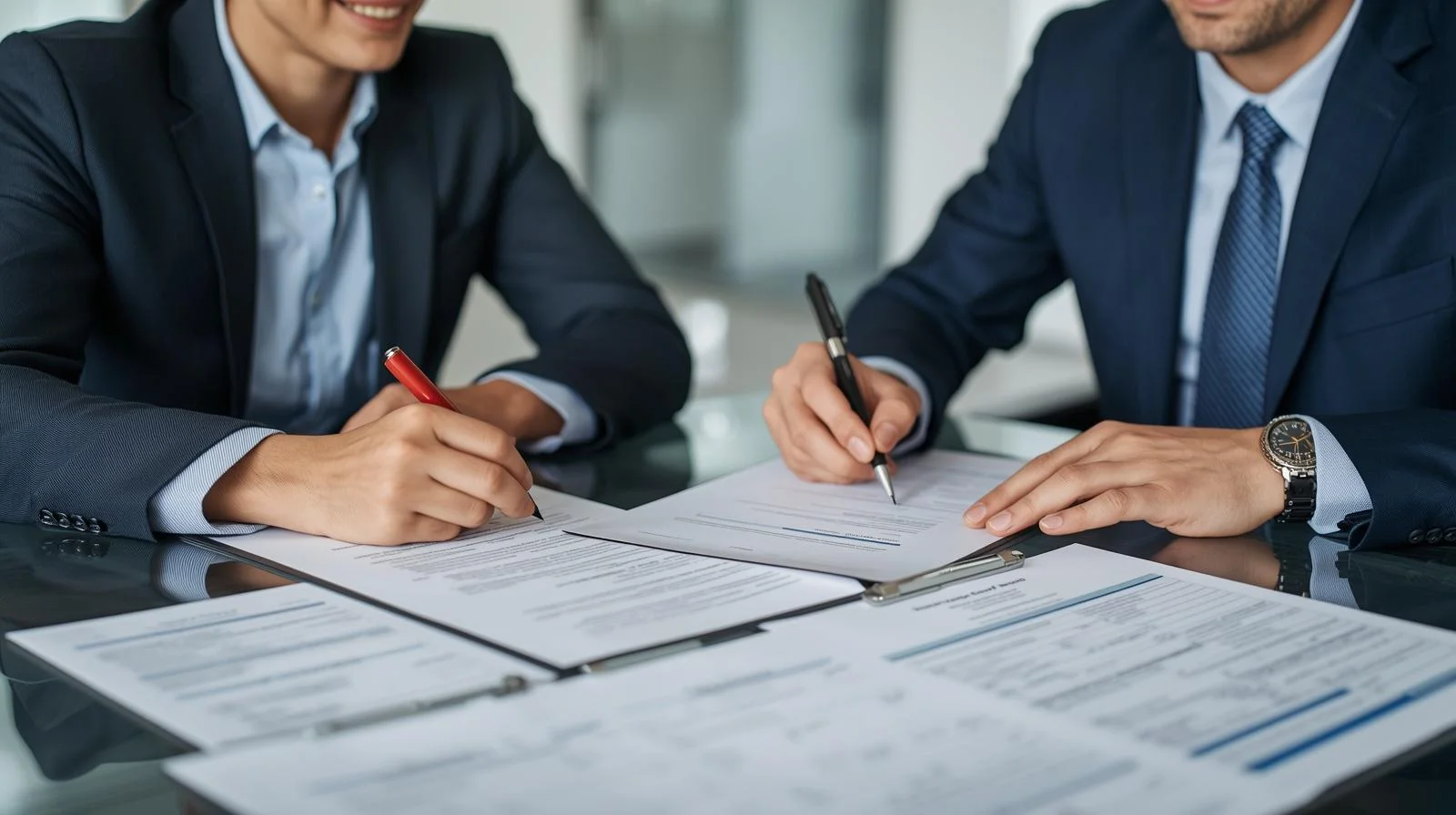 Cliente firmando póliza de seguros con asesor de correduría después de comparar múltiples opciones