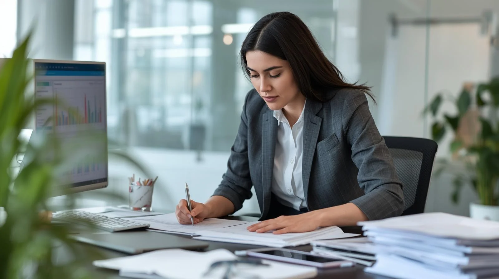 Profesional de correduría gestionando reclamación de siniestro con documentación y ordenador