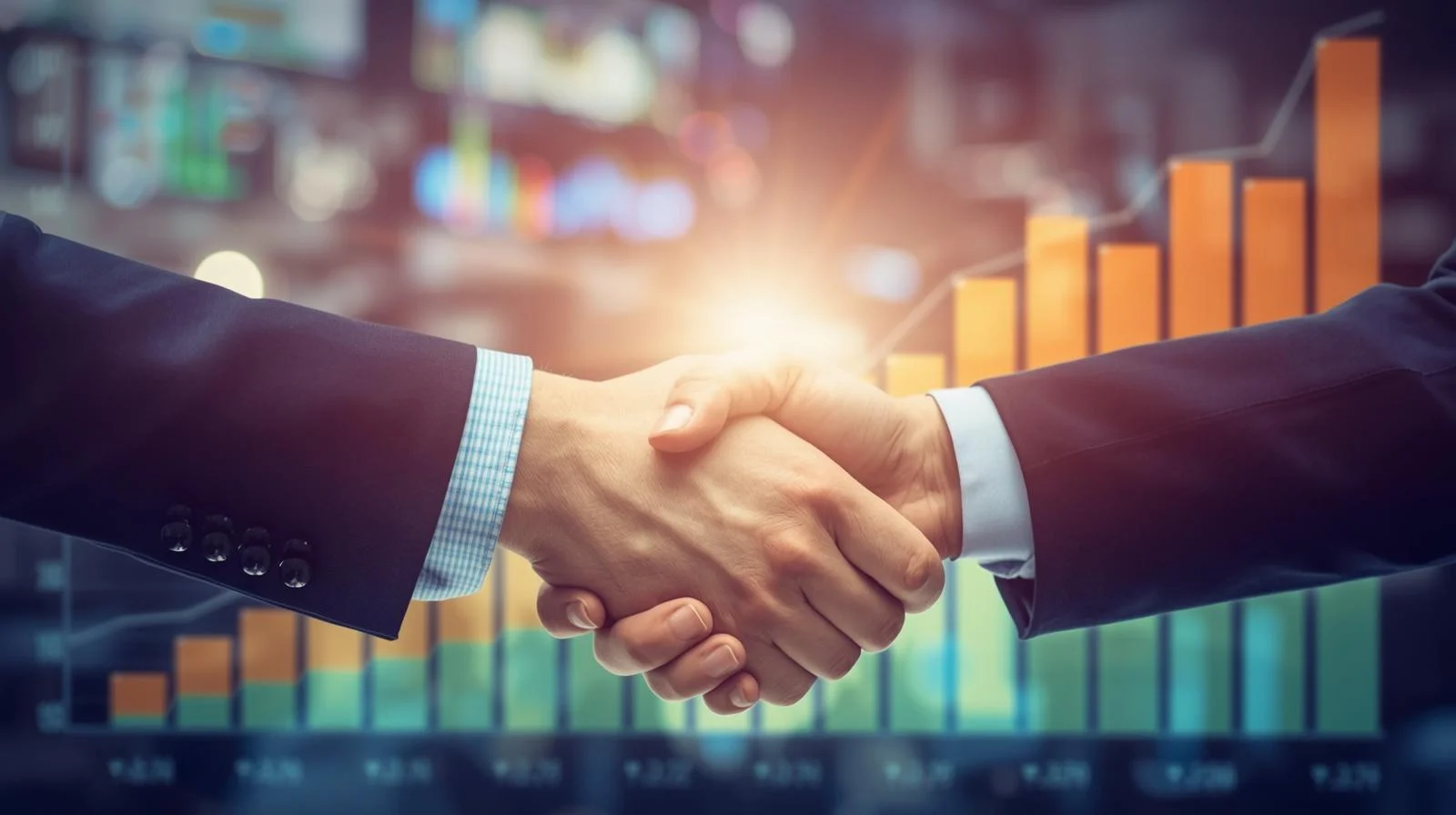 Profesionales estrechando manos con gráficos de crecimiento empresarial de fondo