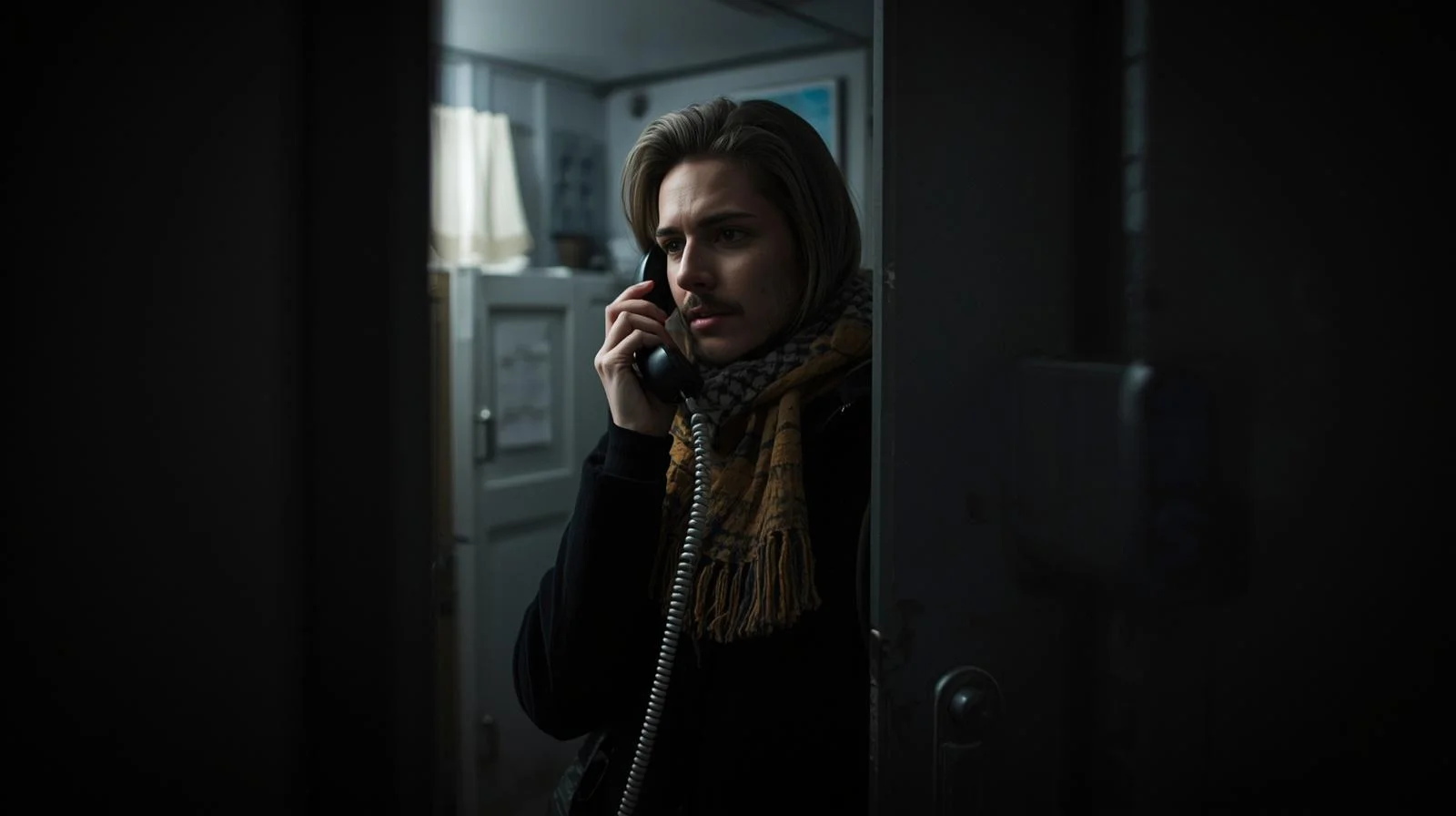 Viajero en contacto telefónico con aseguradora desde refugio seguro durante conflicto