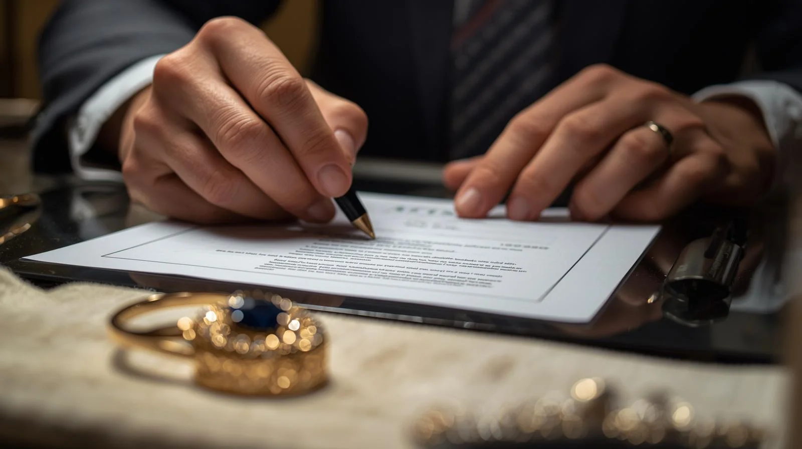 Manos de joyero revisando póliza de seguro con cliente