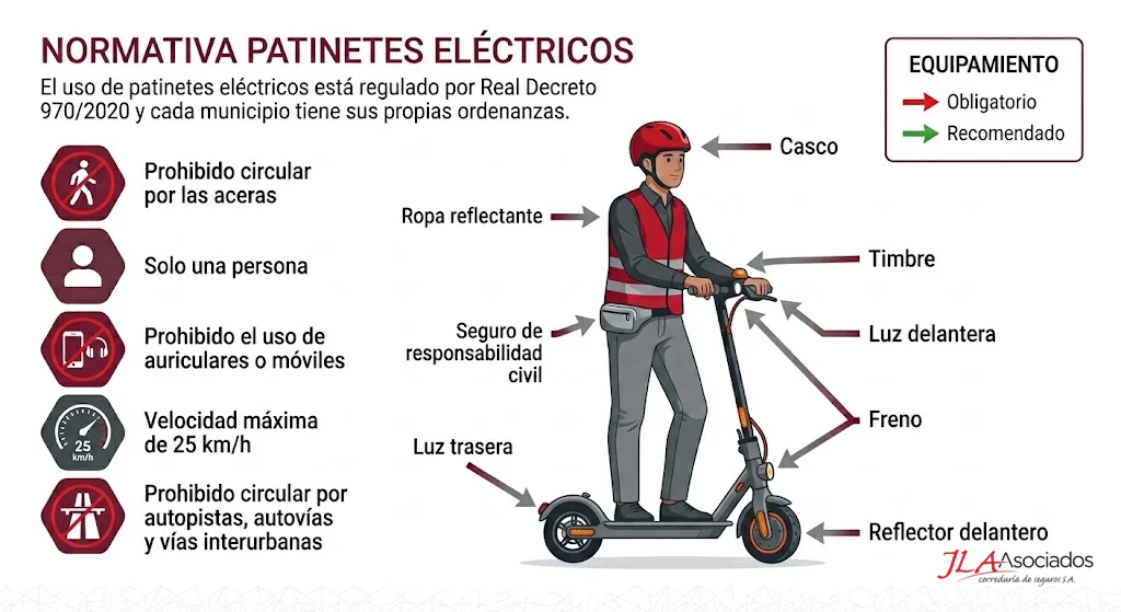 Equipamiento y normativa para patinetes eléctricos: casco, luz, frenos según DGT 2026 - con watermark JLA Asociados